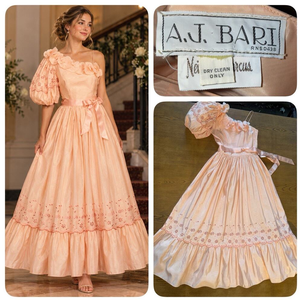 80’s Formal A.J. Bari Neiman Marcus Peach Taffeta One Shoulder Eyelet Dress HOCO